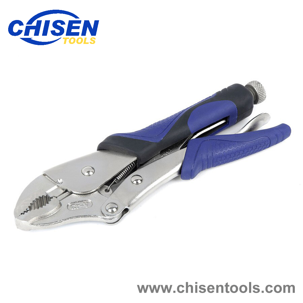 Curved jaw locking pliers with plastic handles