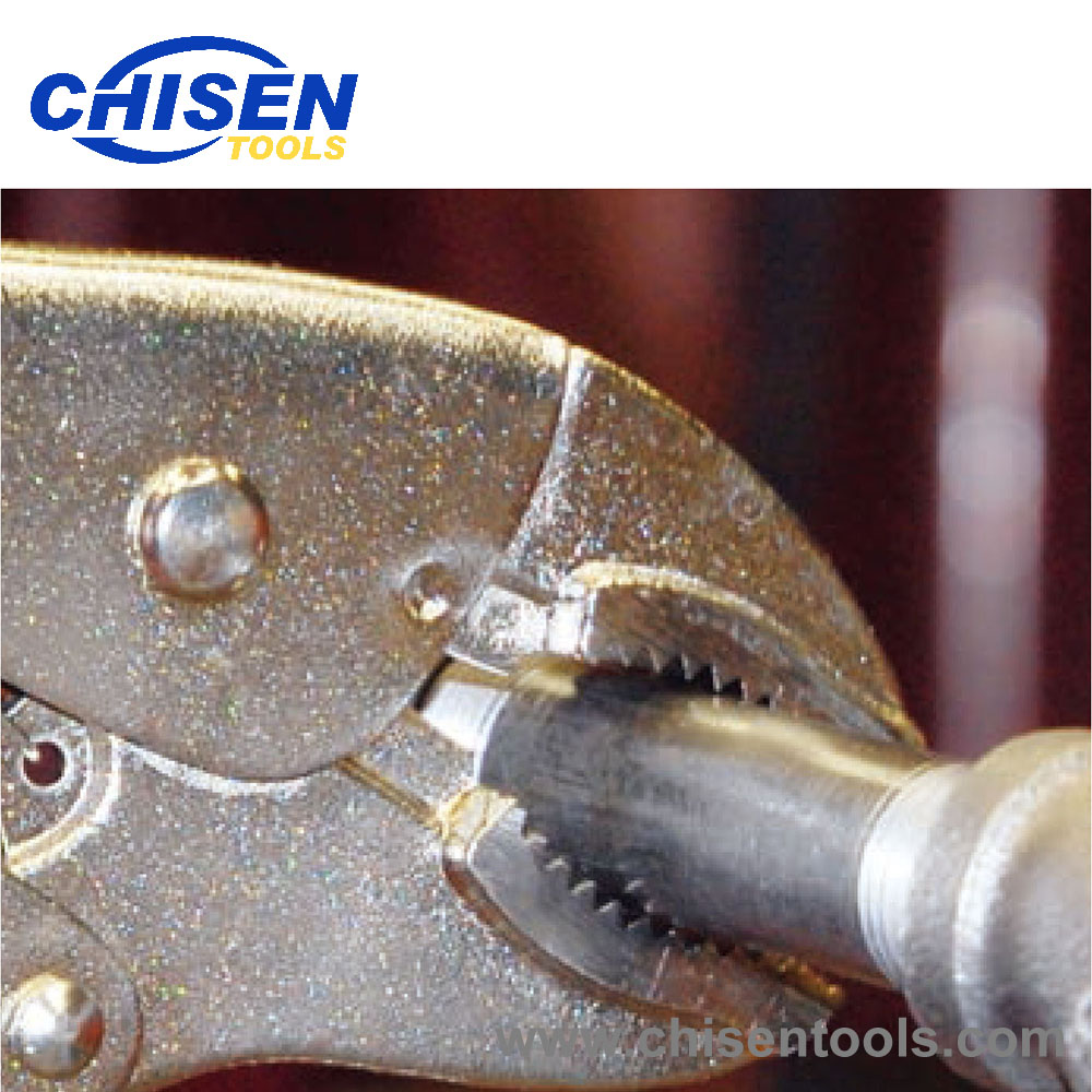 Curved shape jaw provides addtional gripping power by surrounding fastener or pipe fitting.