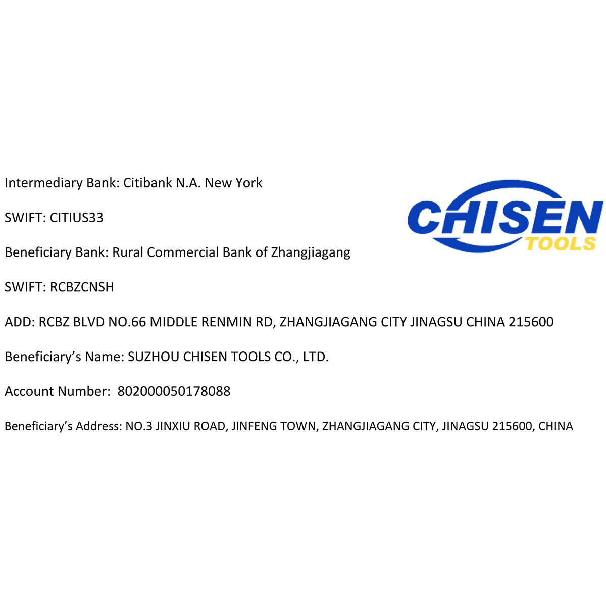 Bank Details of CHISEN Tools, XLS format, 37.5KB