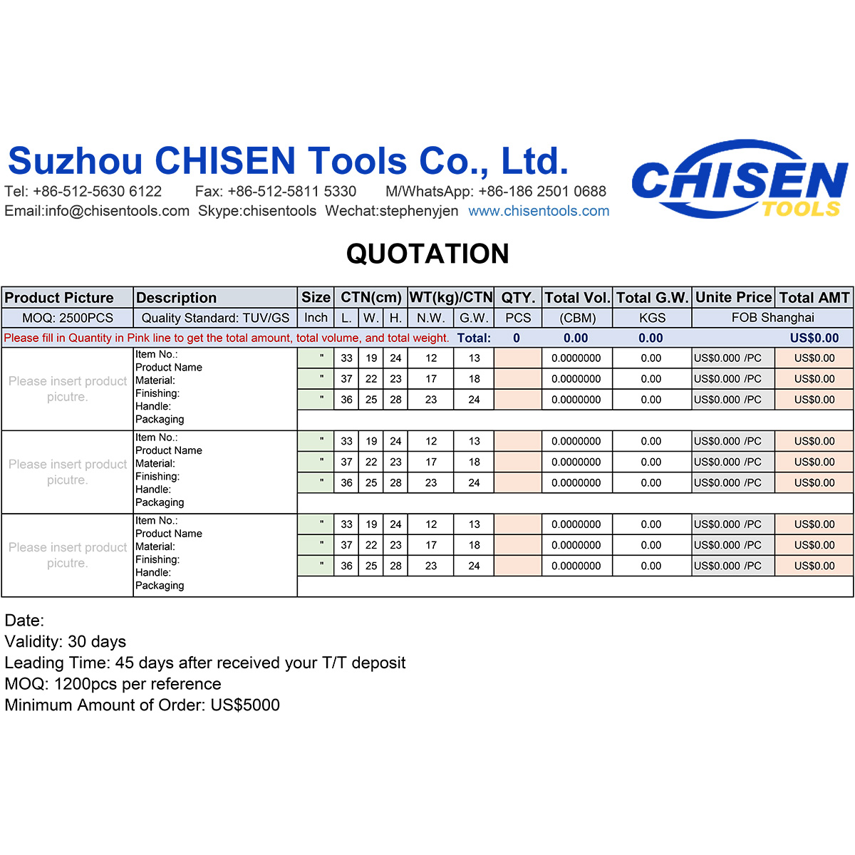 CHISEN Tools' Quotation Sheet, XLS format, 37.5KB