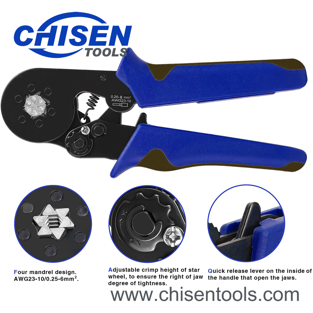 Self-adjusting Hexagonal Wire Crimper's features